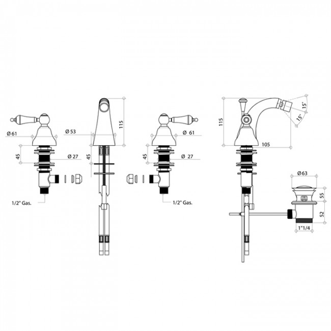 Смеситель для биде Bongio Capri, цвет: золото 17503OR00