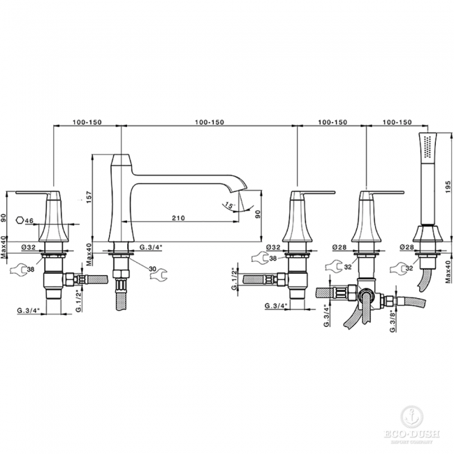 CISAL Cherie Смеситель на борт ванны на 5 отверстий, излив 210 мм, цвет: хром/черный матовый