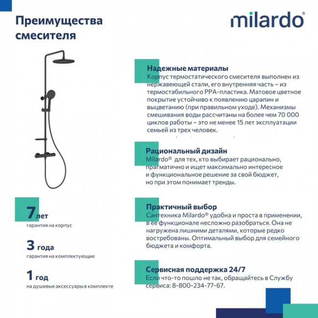 Смеситель термостатический для душа со стойкой и тропической лейкой Milardo Ideal Spa (ILSBLTHM89)