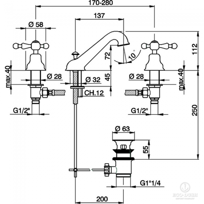 CISAL Arcana America Смеситель для биде на 3 отверстия, с донным клапаном, цвет: золото