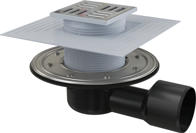 Alcaplast APV3344 Сливной трап 105x105/50/75 мм боковой сток, решетка из нержавеющей стали, фланец из нержавеющей стали, воротник изоляции 2–го уровня, гидрозатвор сухой и мокрый