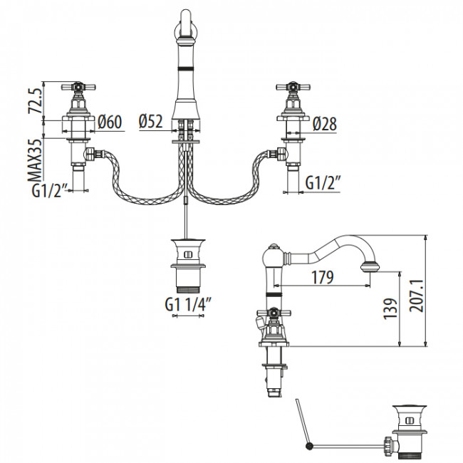 Gattoni TRD Смеситель для раковины, 3 отв., ручки Paris, цвет: хром TR096/18C0