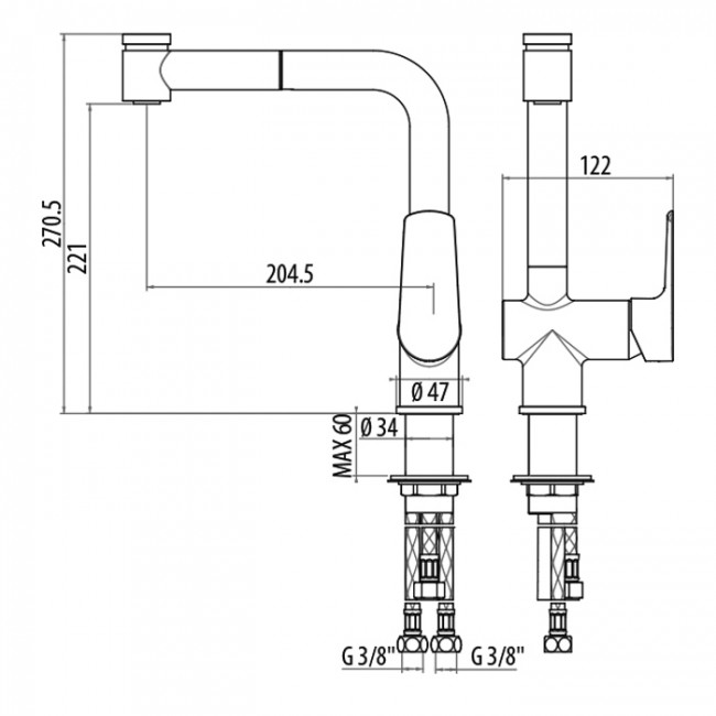 Gattoni H2Omix3000 Cucina Смеситель для раковины, с выдвижным распылителем, излив 205 мм, цвет: хром Gattoni H2Omix3000 Cucina Смеситель для раковины, с выдвижным распылителем, излив 205 мм, цвет: хром