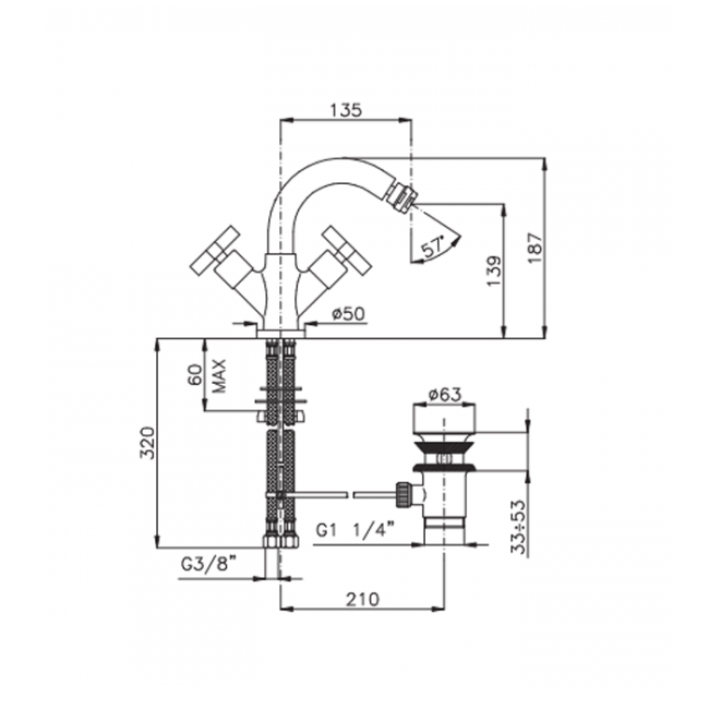 Nicolazzi M.Croce Смеситель для биде с 2мя ручками, излив: 135мм, цвет: хром
