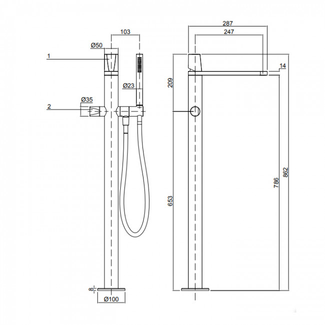 Antonio Lupi Indigo Смеситель для ванны, напольный, с ручным душем, на 1 отв., излив: 285мм, цвет: графит