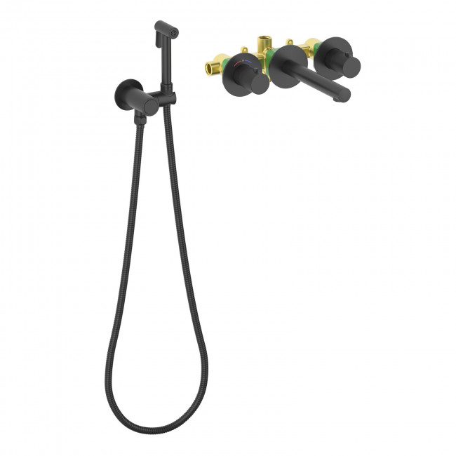 Смеситель для раковины встроенный с термостатом, с гигиеническим душем Timo Saona черный (2383/03SM) Смеситель для раковины встроенный с термостатом, с гигиеническим душем Timo Saona черный (2383/03SM)