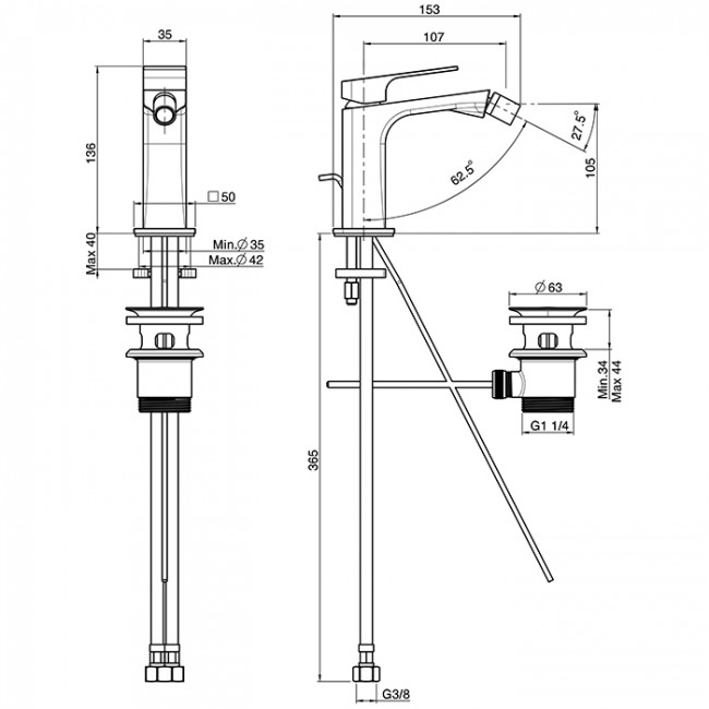Carlo Frattini Fit Смеситель для биде, на 1 отв, донный клапан, h105мм излив 107мм, цвет: хром