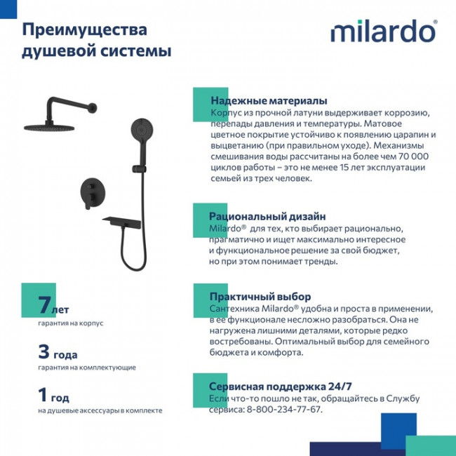 Душевая система скрытого монтажа с тропическим душем и ручным душем Milardo Rora (RORBL02M67)