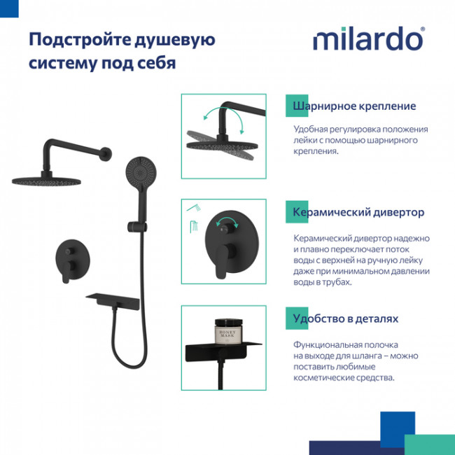 Душевая система скрытого монтажа с тропическим душем и ручным душем Milardo Rora (RORBL02M67)