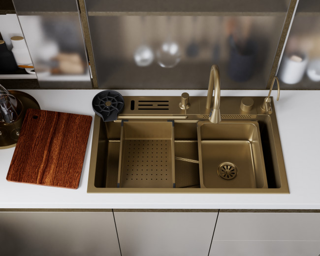 Кухонная мойка многофункц. DQ нерж.сталь матовое золото в комплекте со смесителем и аксессуарами (DKS754607)
