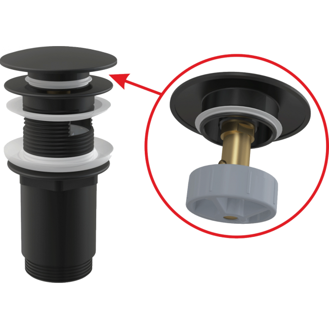 Alcaplast A392BLACK Донный клапан сифона для умывальника CLICK/CLACK 5/4", цельнометаллический с переливом и большой черной заглушкой