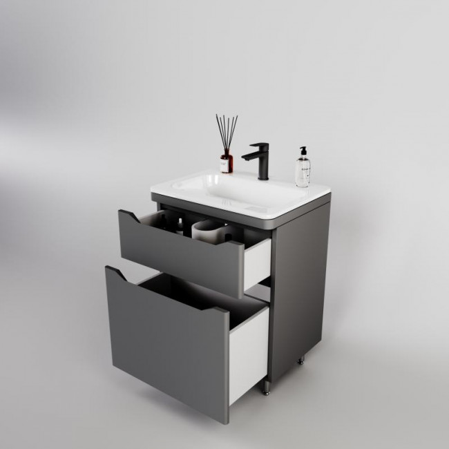 Style Line Тумба с раковиной напольная "Марелла 60" (2 ящ.) Люкс антискрейтч серый, PLUS Style Line Тумба с раковиной напольная "Марелла 60" (2 ящ.) Люкс антискрейтч серый, PLUS