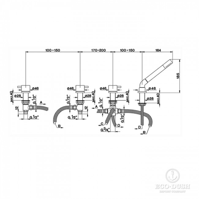 Cisal  Less New Смеситель на борт ванны, на 4 отв ,с ручным душем, цвет: хром