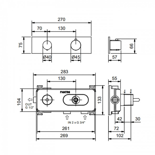 Fantini Nostromo Термостатический встраиваемый смеситель для душа на 2 потока , с поворотной ручкой, цвет: хром