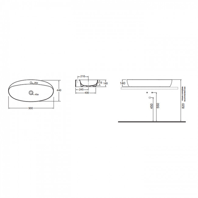 AZZURRA ELEGANCE Раковина 90х44 см, без отв., накладная, цвет: белый