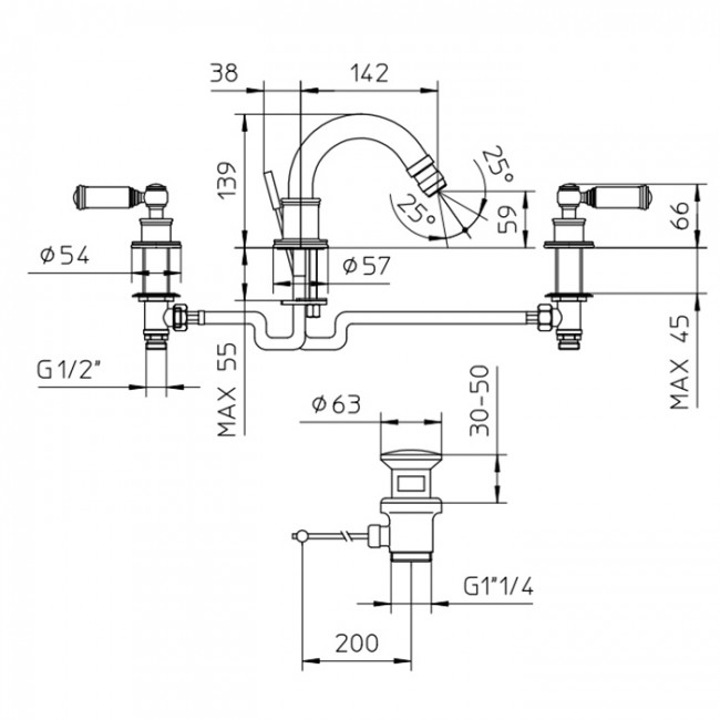 Bossini Z001402.022 Liberty Смеситель для биде на 3 отверстия с поворотным изливом и заглушкой 1”1/4, цвет: античная бронза