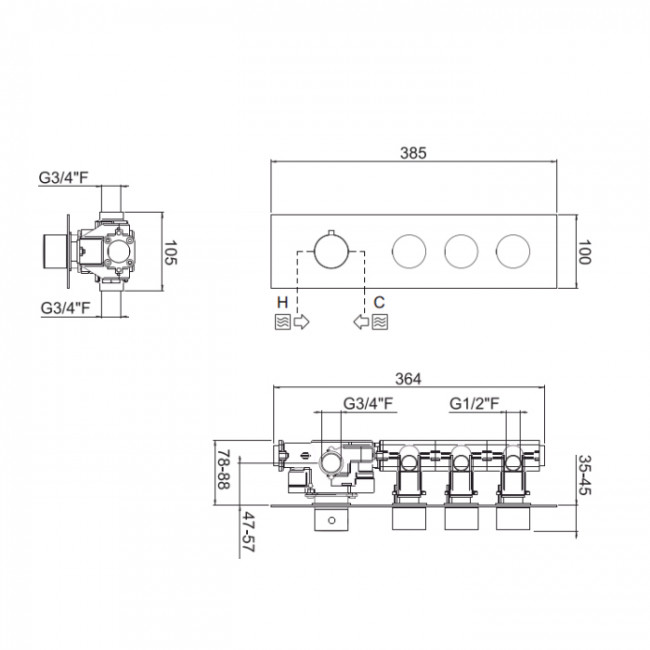 Carimali ilTondo Смеситель термостатический, встраиваемый, на 3 выхода, цвет: хром 21039EST/O-CR