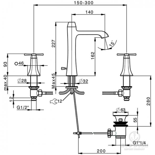 CISAL Cherie Смеситель для раковины на 3 отверстия, с донным клапаном, цвет: золото/черный