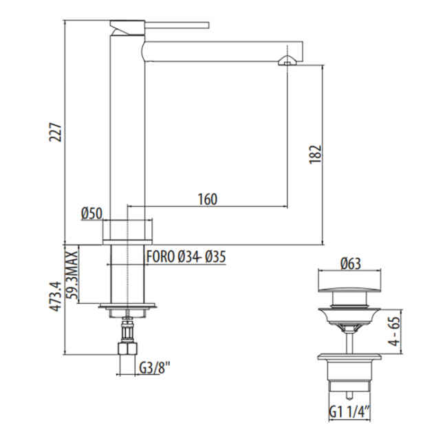 Gattoni Circle One Смеситель для раковины высокий 227 мм, на 1 отв., излив 160 мм, с донным клапаном, цвет: хром