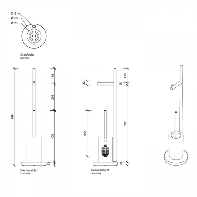Decor Walther DW 6700 Напольная стойка 74.1см., с ершиком и бумагодержателем, фарфор, цвет: хром / белый