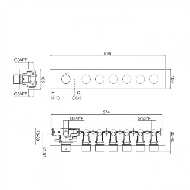 Carimali ilTondo Смеситель термостатический, встраиваемый, на 6 выходов, цвет: хром 21069EST/O-CR