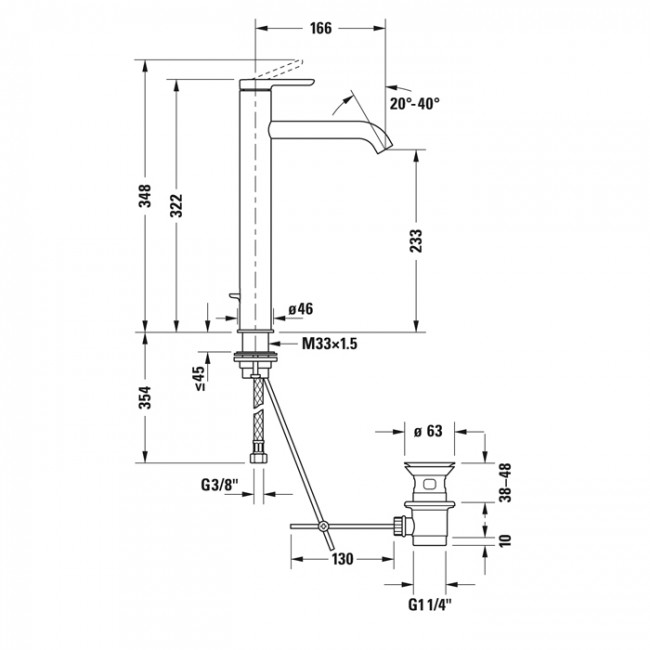 Duravit C.1 Смеситель для раковины, высокий, 1 отв., с донным клапаном, излив 166мм, цвет: хром