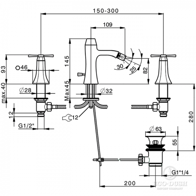 CISAL Cherie Смеситель для биде на 3 отверстия, с донным клапаном, цвет:  золото/черный