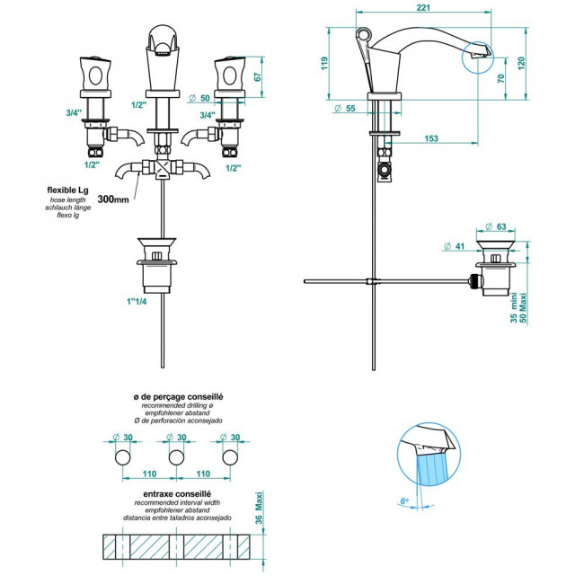 THG Bagatelle pierre noire Смеситель для раковины, 3 отв., цвет: хром