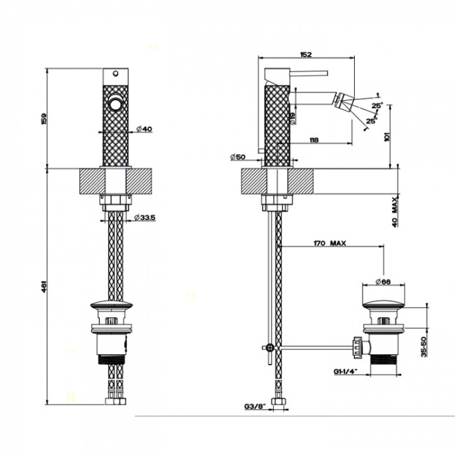 Gessi Intreccio Смеситель однорычажный для биде с донным клапаном, цвет: шлифованная сталь