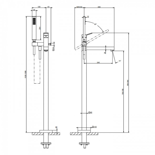 Gessi Rettangolo Смеситель для ванны, напольный, с ручным душем, цвет: Black XL
