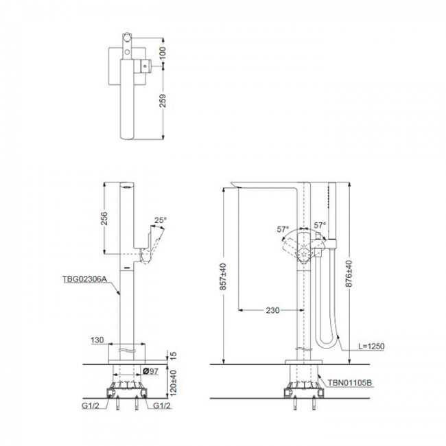 TOTO Jewelhex Смеситель для ванны 113x374x876мм, отдельностоящий с ручным душем, Active Wave, цвет: хром