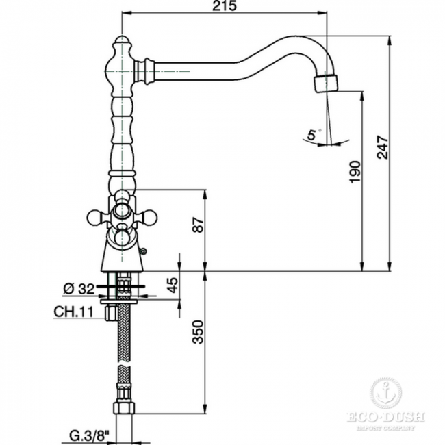 CISAL Кухонные смесители Смеситель двухвентильный на 1 отверстие для кухни,с поворотным изливом 215 мм, цвет: хром