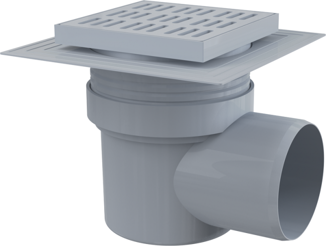 Alcaplast APV10 Сливной трап 150x150/110 мм боковой сток, решетка серая, воротник изоляции 2–го уровня, гидрозатвор мокрый Alcaplast APV10 Сливной трап 150x150/110 мм боковой сток, решетка серая, воротник изоляции 2–го уровня, гидрозатвор мокрый