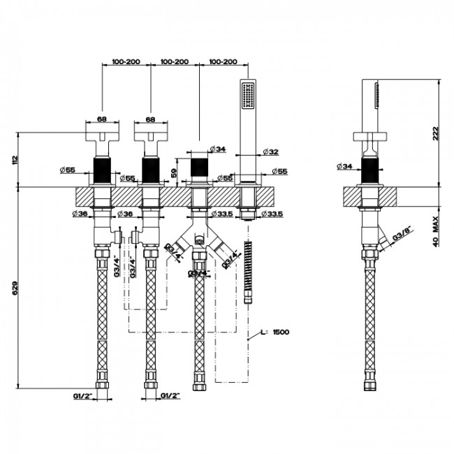 Gessi Inciso Смеситель для ванны, на 4 отв., с переключатель потоков, шланг 150см, и ручным душем, цвет: золото 58143#246 Gessi Inciso Смеситель для ванны, на 4 отв., с переключатель потоков, шланг 150см, и ручным душем, цвет: золото 58143#246