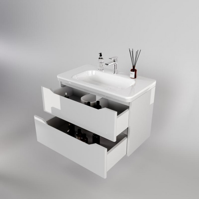 Style Line Тумба с раковиной подвесная "Марелла 80" (2 ящ.) Люкс антискрейтч белый глянец, PLUS