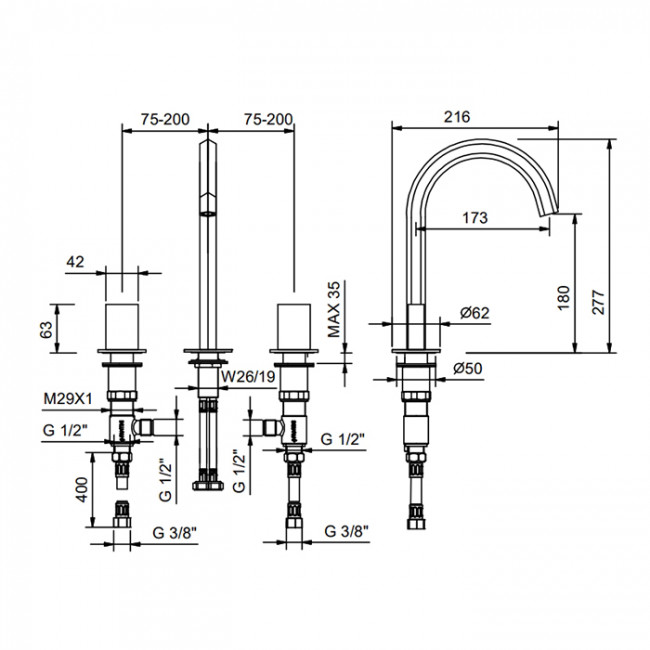 Fantini Venezia Смеситель для раковины, 3 отв., излив 17.5см., цвет: золото