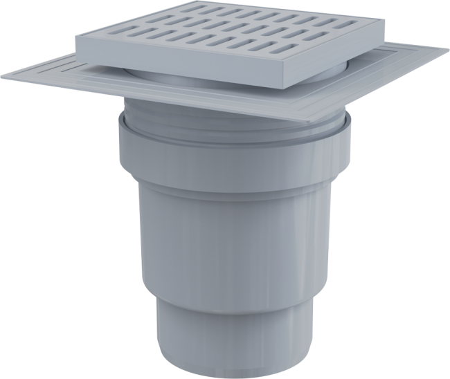 Alcaplast APV11 Сливной трап 150x150/110 мм прямой сток, решетка серая, воротник изоляции 2–го уровня, гидрозатвор мокрый Alcaplast APV11 Сливной трап 150x150/110 мм прямой сток, решетка серая, воротник изоляции 2–го уровня, гидрозатвор мокрый
