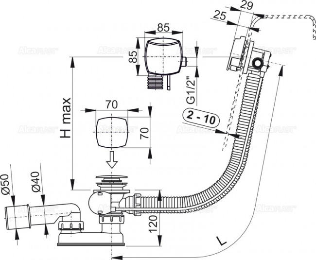 Alcaplast A564CRM2 Сифон для ванны автомат с напуском воды через перелив, хром A564CRM1 Alcaplast A564CRM2 Сифон для ванны автомат с напуском воды через перелив, хром A564CRM1