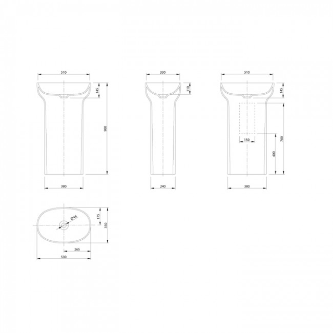 KNIEF Prime Раковина 53х35х90 см, без отв., отдельностоящая, с выходом в пол, цвет: белый матовый