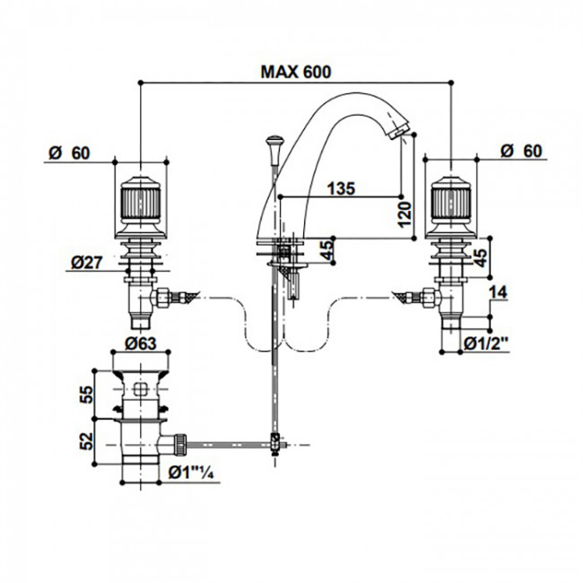 Bongio Cristallo Смеситель для раковины на 3 отв. , цвет: хром/хрусталь