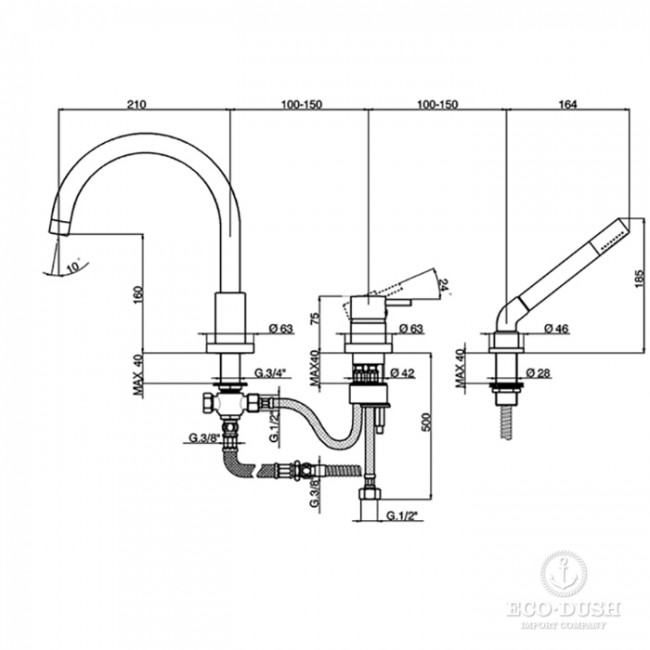 Cisal Less New Смеситель на борт ванны на 3 отв. с ручной лейкой, цвет: черный матовый