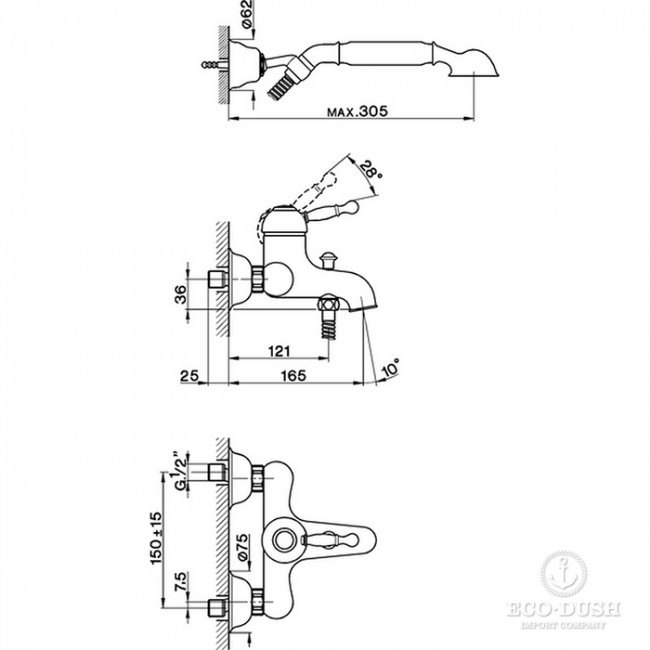 CISAL Arcana Royal Смеситель настенный для ванны/душа с ручной лейкой,держателем и шлангом, цвет: хром