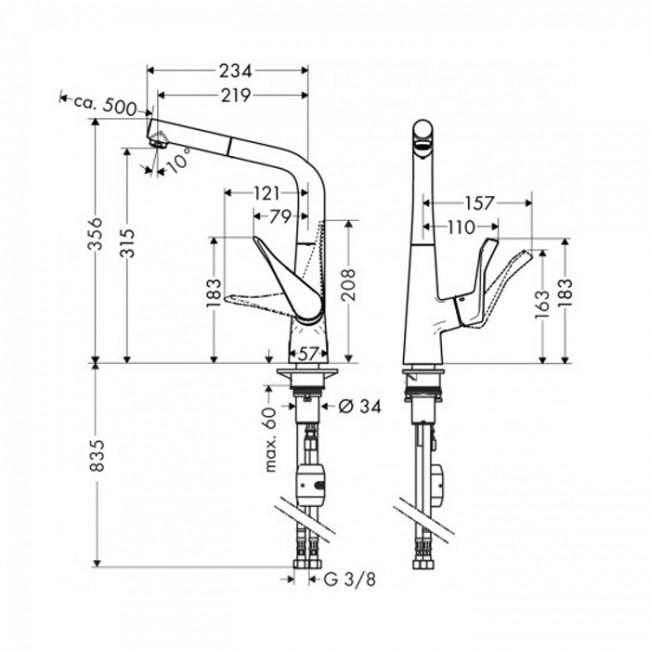 Hansgrohe Metris Смеситель  для кухни на 1 отв, поворотный и выдвижной излив, цвет: хром 14821000