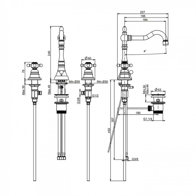 Carlo Frattini Elizabeth Смеситель для раковины, на 3 отв., с донным клапаном, цвет: золото Carlo Frattini Elizabeth Смеситель для раковины, на 3 отв., с донным клапаном, цвет: золото