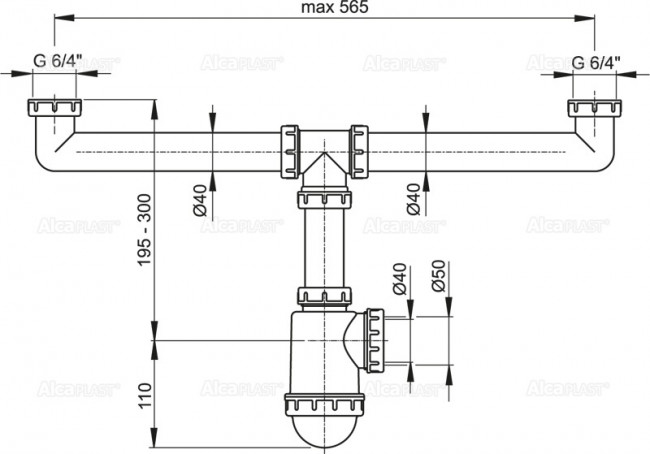 Alcaplast A448-DN50/40 Сифон для сдвоенной мойки с накидными гайками 6/4" Alcaplast A448-DN50/40 Сифон для сдвоенной мойки с накидными гайками 6/4"