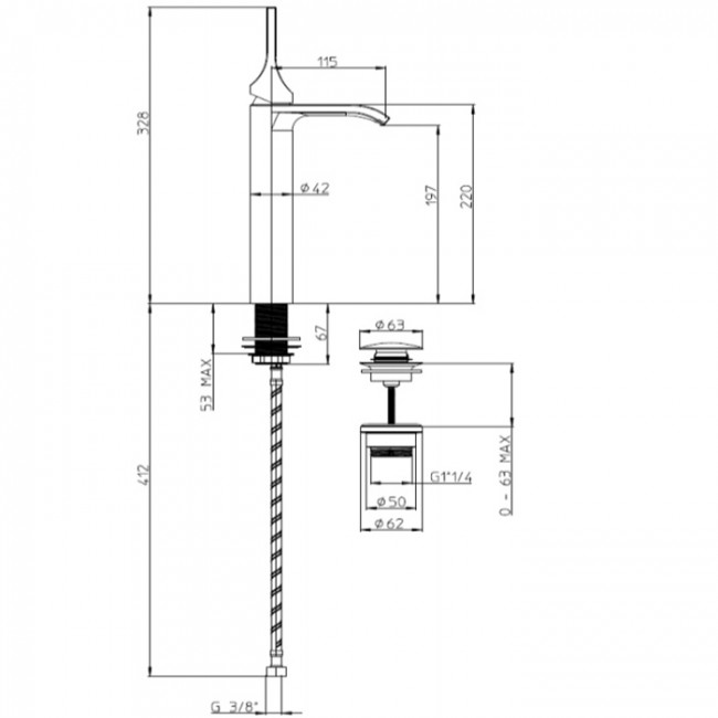 Bossini E89602.073 Apice Смеситель для раковины на 1 отверстие, однорычажный, высота излива 197 мм., с донным клапаном, цвет: черный