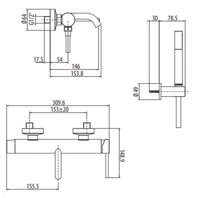 Gattoni Circle Two Смеситель для ванны настенный излив, с ручной лейкой на держателе,146 мм, цвет: черный матовый Gattoni Circle Two Смеситель для ванны настенный излив, с ручной лейкой на держателе,146 мм, цвет: черный матовый