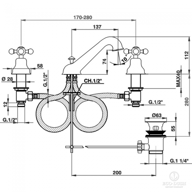 CISAL Arcana Ceramic Смеситель для раковины на 3 отверстия с донным клапаном, цвет: хром AC00102021