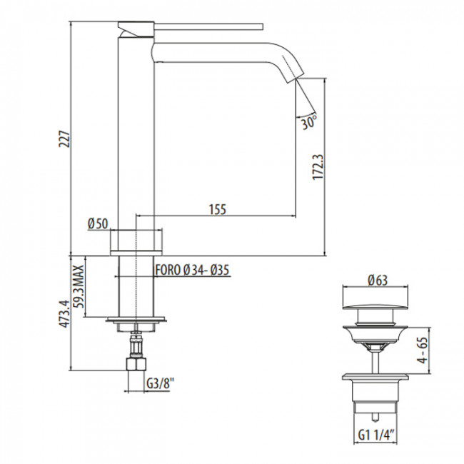 Gattoni Circle Two Смеситель для раковины высокий 227 мм, на 1 отверстие, излив 155 мм, с донным клапаном, цвет: черный матовый