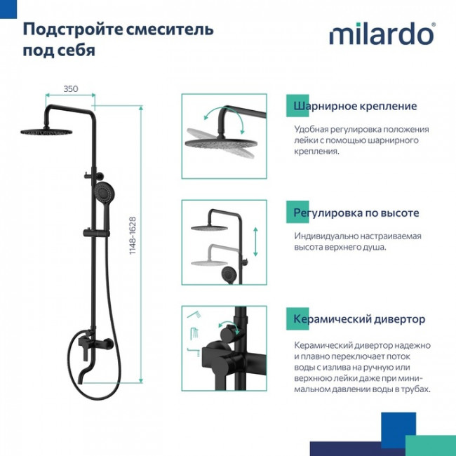 Душевая система с тропическим душем Milardo Stripe черный матовый (STRBL5FM06)